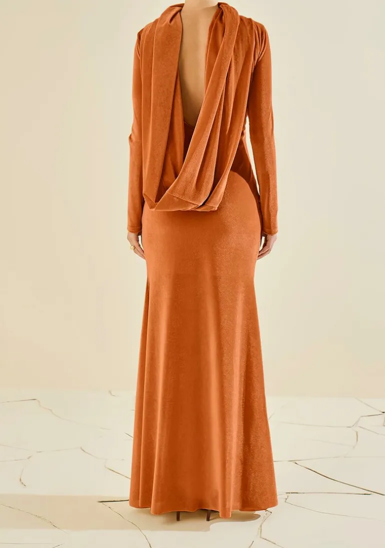 Vestido Morena Rosa Ajustado Decote Canoa Manga Longa Longo Laranja