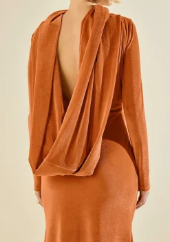 Vestido Morena Rosa Ajustado Decote Canoa Manga Longa Longo Laranja