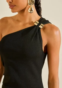 Vestido Morena Rosa Ajustado Um Ombro Só Sem Manga Midi Preto