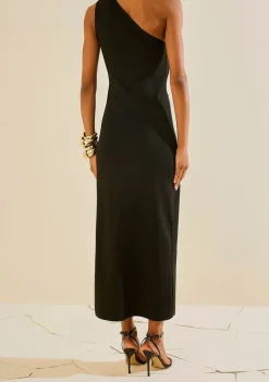 Vestido Morena Rosa Ajustado Um Ombro Só Sem Manga Midi Preto