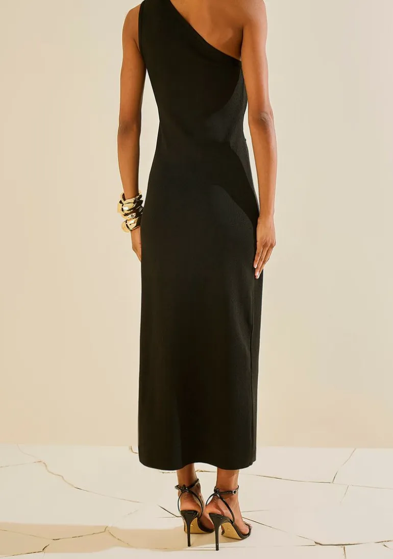 Vestido Morena Rosa Ajustado Um Ombro Só Sem Manga Midi Preto