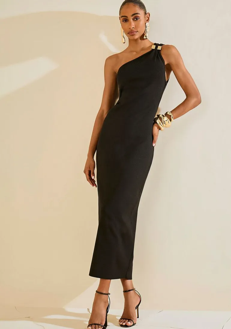 Vestido Morena Rosa Ajustado Um Ombro Só Sem Manga Midi Preto