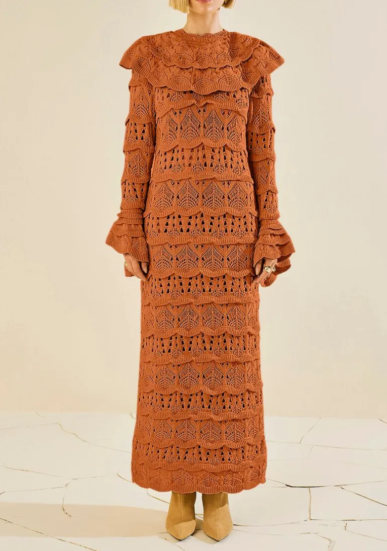 Vestido Morena Rosa Ajustado Decote Careca Manga Longa Longo Marrom