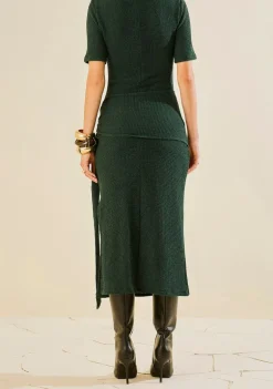 Vestido Morena Rosa Ajustado Gola Alta Manga Longa Midi Verde