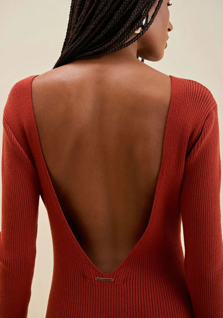 Vestido Morena Rosa Ajustado Decote Costas Manga Longa Longo Marrom