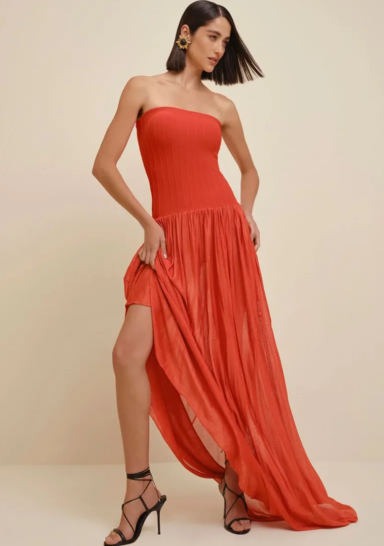 Vestido Morena Rosa Longo Decote Reto Tricot Laranja