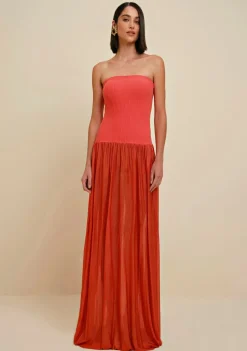Vestido Morena Rosa Longo Decote Reto Tricot Laranja