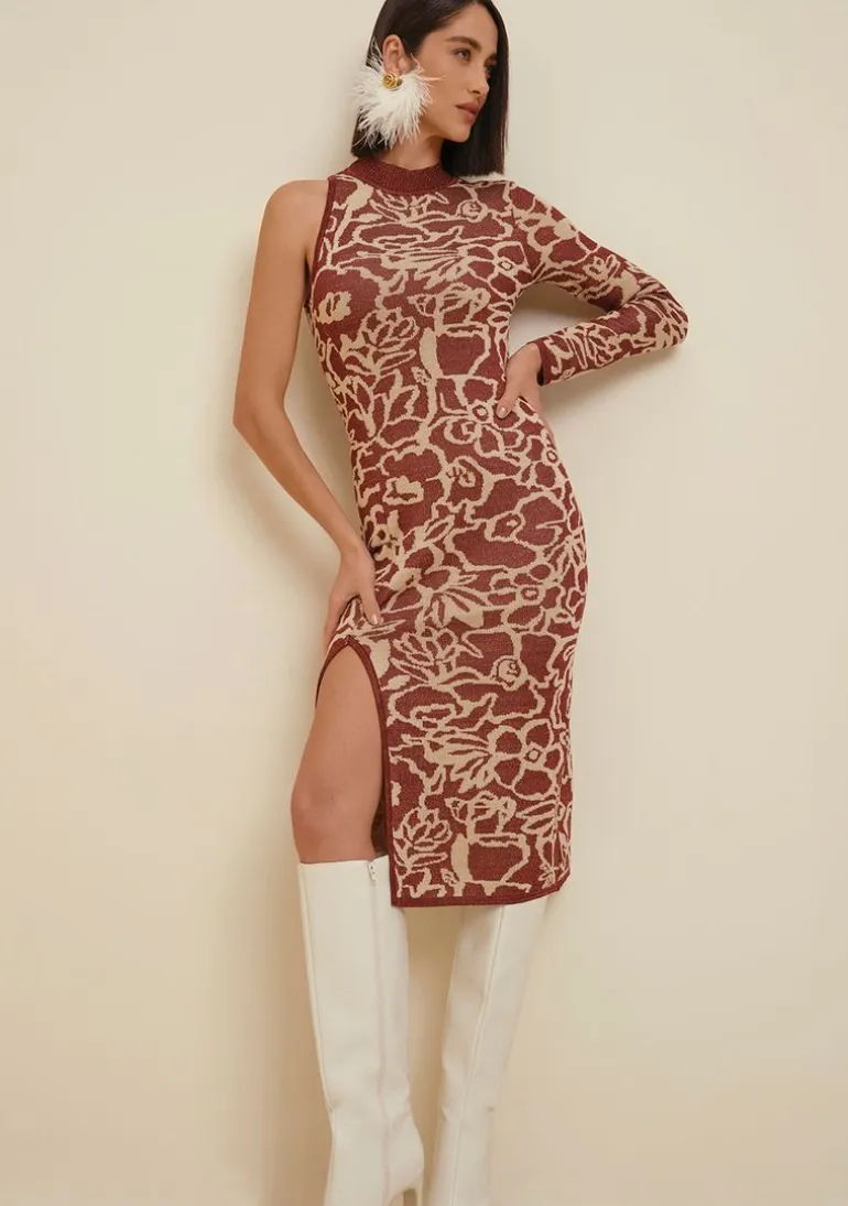 Vestido Morena Rosa Midi Gola Alta Tricot Bordo