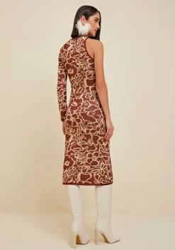 Vestido Morena Rosa Midi Gola Alta Tricot Bordo