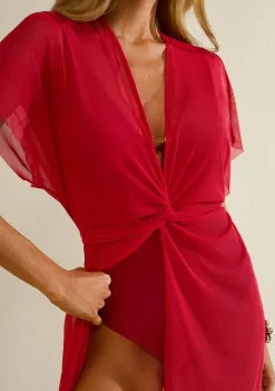 Vestido Morena Rosa Renata Solto Decote Transpassado Manga Curta Curto Vermelho