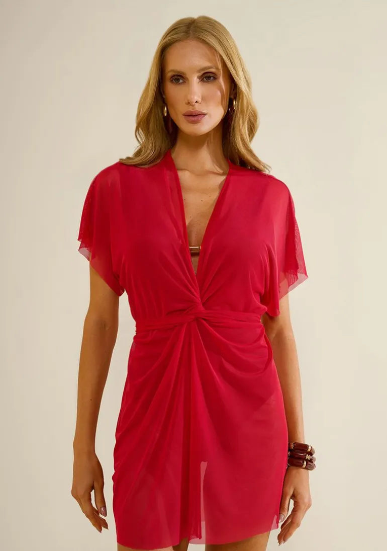 Vestido Morena Rosa Renata Solto Decote Transpassado Manga Curta Curto Vermelho
