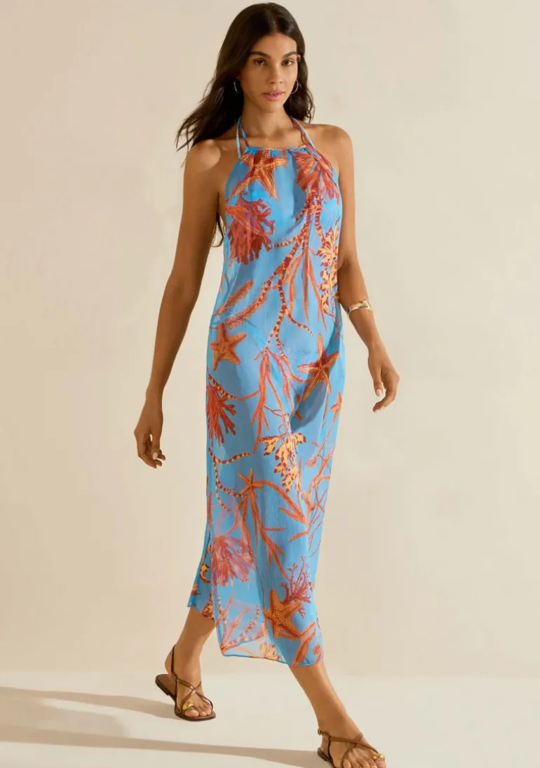 Vestido Morena Rosa Solto Cava Francesa Com Alça Midi Azul