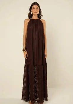 Vestido Morena Rosa Solto Cava Francesa Sem Manga Longo Marrom