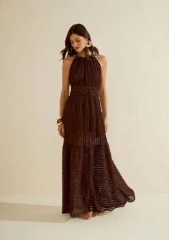 Vestido Morena Rosa Solto Cava Francesa Sem Manga Longo Marrom