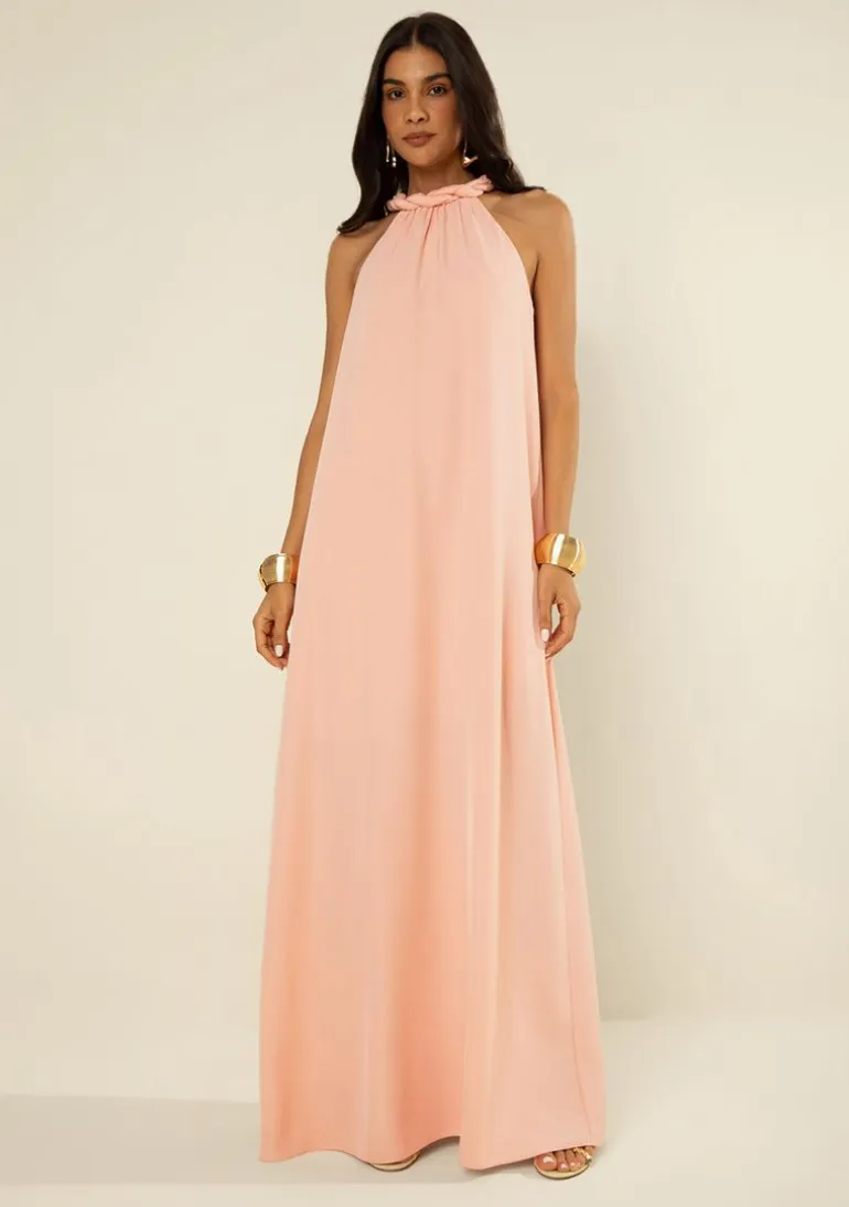 Vestido Morena Rosa Solto Cava Francesa Sem Manga Longo Rosa