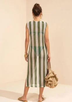 Vestido Morena Rosa Solto Decote Careca Sem Manga Midi Verde