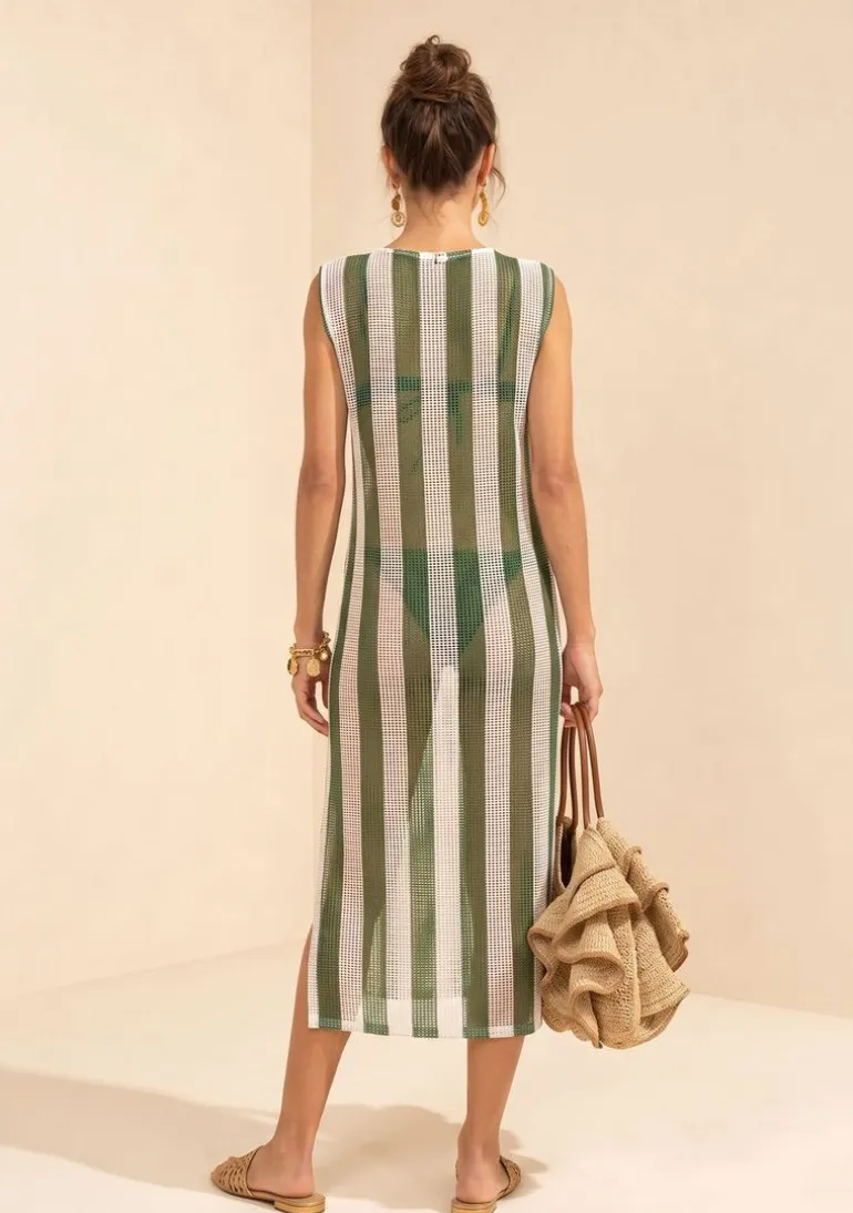 Vestido Morena Rosa Solto Decote Careca Sem Manga Midi Verde