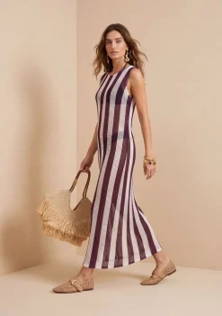 Vestido Morena Rosa Solto Decote Careca Sem Manga Midi Marrom