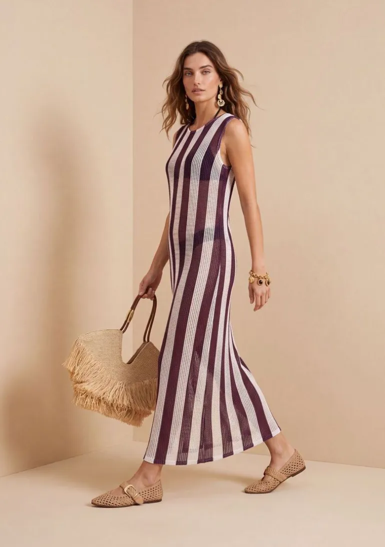 Vestido Morena Rosa Solto Decote Careca Sem Manga Midi Marrom