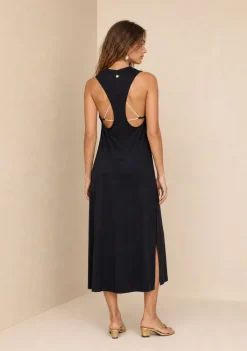 Vestido Morena Rosa Solto Decote Careca Sem Manga Longo Preto