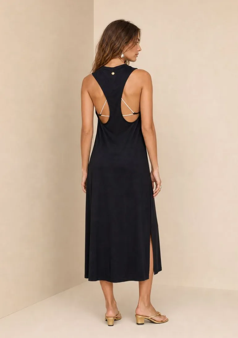 Vestido Morena Rosa Solto Decote Careca Sem Manga Longo Preto