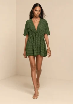 Vestido Morena Rosa Solto Decote V Manga Curta Curto Verde