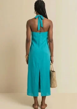 Vestido Morena Rosa Solto Decote Costas Sem Manga Longo Azul
