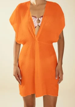Vestido Morena Rosa Solto Decote V Manga Curta Curto Laranja