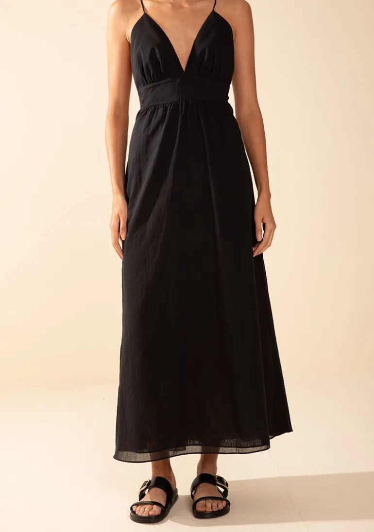 Vestido Morena Rosa Solto Decote V Com Alça Longo Preto