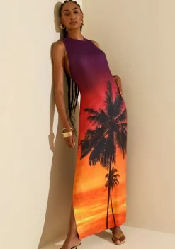 Vestido Morena Rosa Solto Decote Careca Sem Manga Longo Laranja