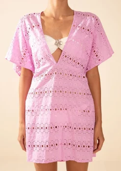 Vestido Morena Rosa Solto Decote V Manga Curta Curto Rosa