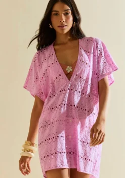 Vestido Morena Rosa Solto Decote V Manga Curta Curto Rosa