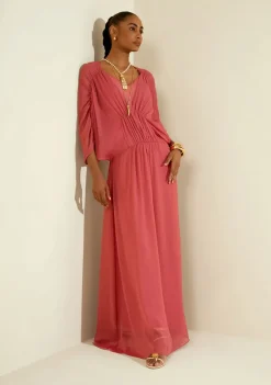 Vestido Morena Rosa Solto Decote V Manga Curta Longo Rosa
