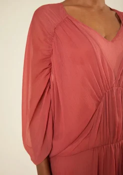 Vestido Morena Rosa Solto Decote V Manga Curta Longo Rosa