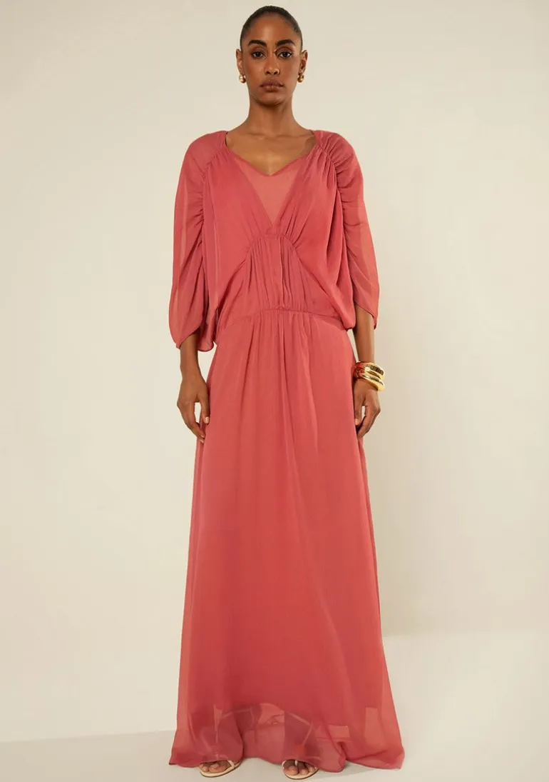 Vestido Morena Rosa Solto Decote V Manga Curta Longo Rosa