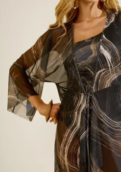 Vestido Morena Rosa Solto Decote V Manga Longa Longo Preto/Branco