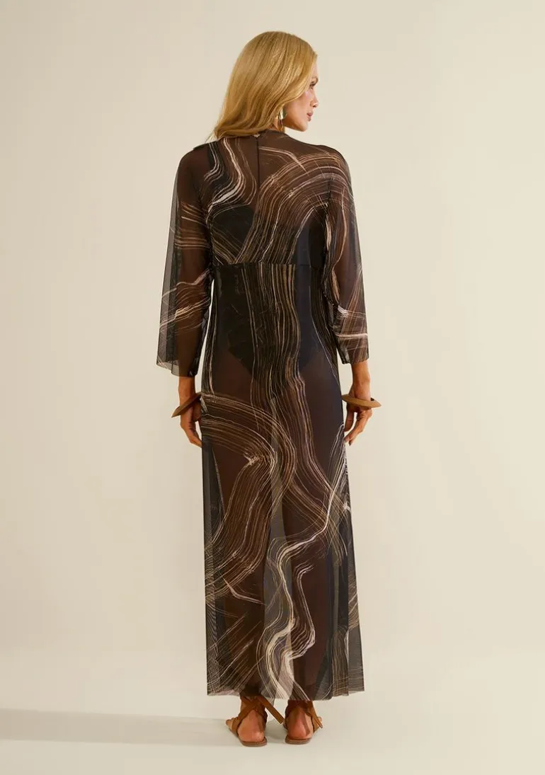 Vestido Morena Rosa Solto Decote V Manga Longa Longo Preto/Branco