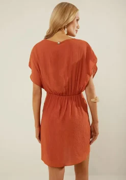 Vestido Morena Rosa Solto Decote V Manga Curta Curto Laranja