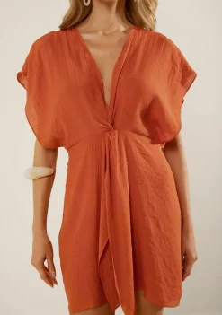 Vestido Morena Rosa Solto Decote V Manga Curta Curto Laranja