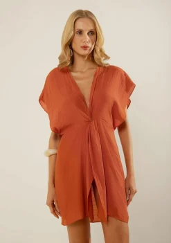 Vestido Morena Rosa Solto Decote V Manga Curta Curto Laranja
