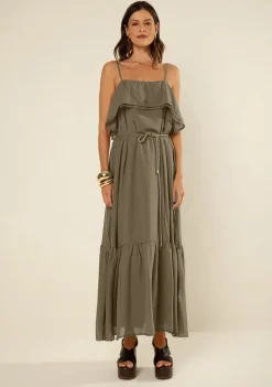 Vestido Morena Rosa Solto Decote Reto Com Alça Midi Verde