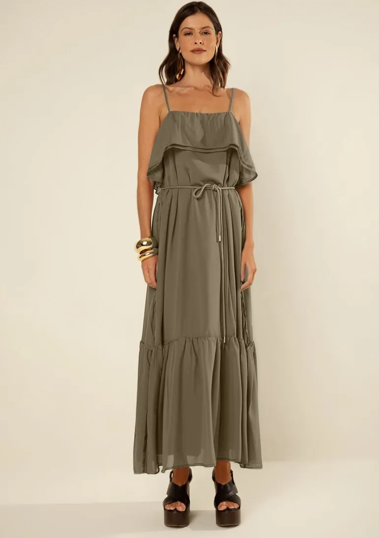 Vestido Morena Rosa Solto Decote Reto Com Alça Midi Verde