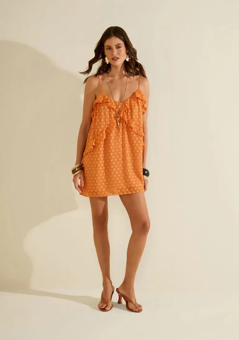 Vestido Morena Rosa Solto Decote V Sem Manga Curto Laranja