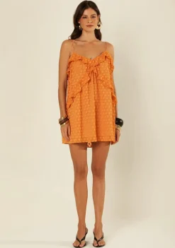 Vestido Morena Rosa Solto Decote V Sem Manga Curto Laranja