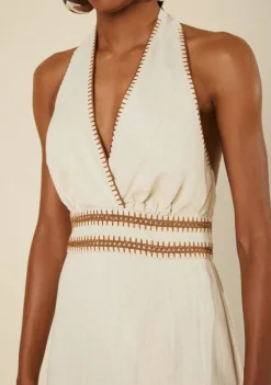 Vestido Morena Rosa Solto Decote V Com Alça Longo Bege