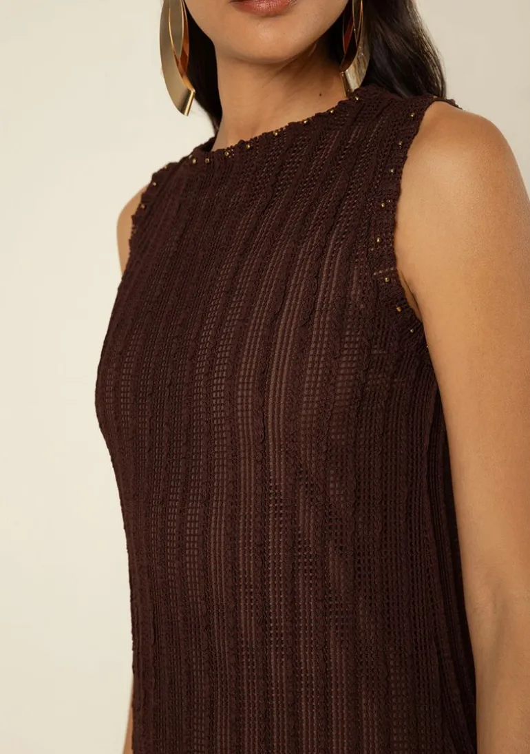 Vestido Morena Rosa Solto Decote Canoa Sem Manga Midi Marrom