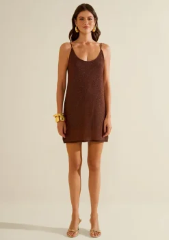Vestido Morena Rosa Solto Decote Careca Com Alça Curto Marrom