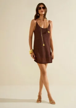 Vestido Morena Rosa Solto Decote Careca Com Alça Curto Marrom