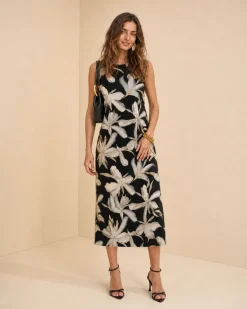 Vestido Morena Rosa Solto Decote Careca Sem Manga Midi Preto/Branco
