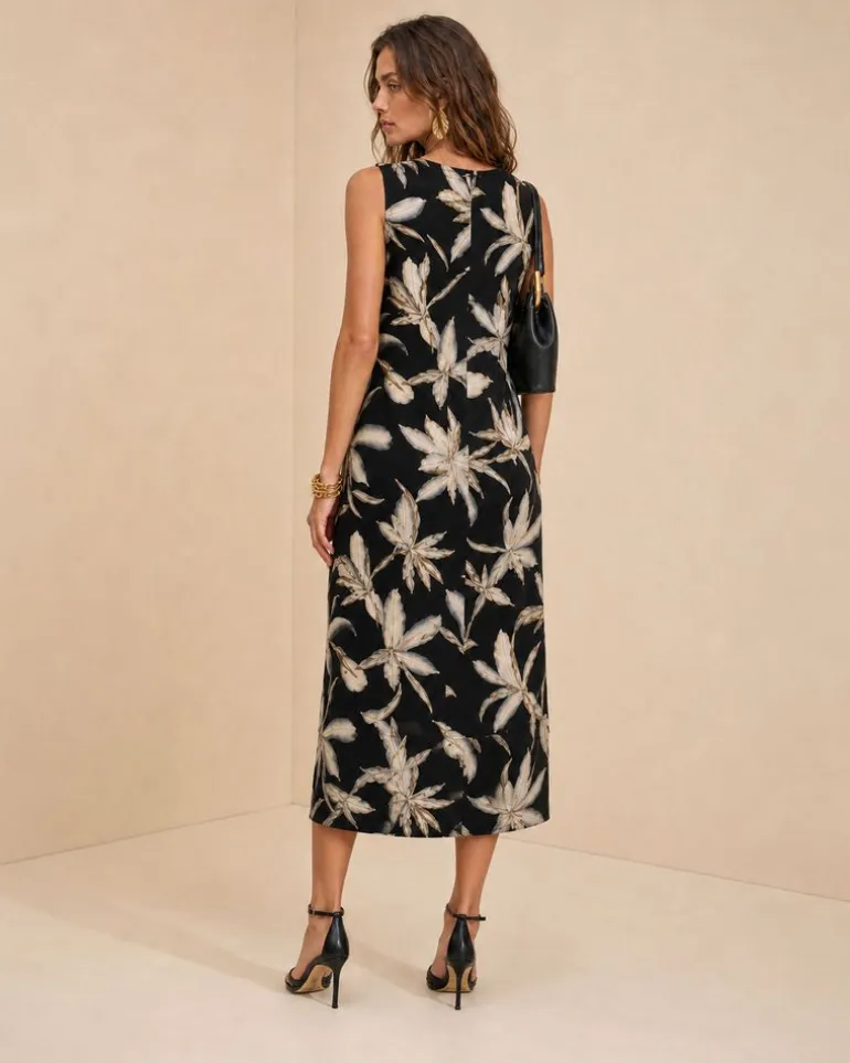 Vestido Morena Rosa Solto Decote Careca Sem Manga Midi Preto/Branco